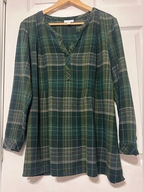 J.Jill Women’s Green Plaid Gauzy Popover Tunic Blouse Size Petite L
